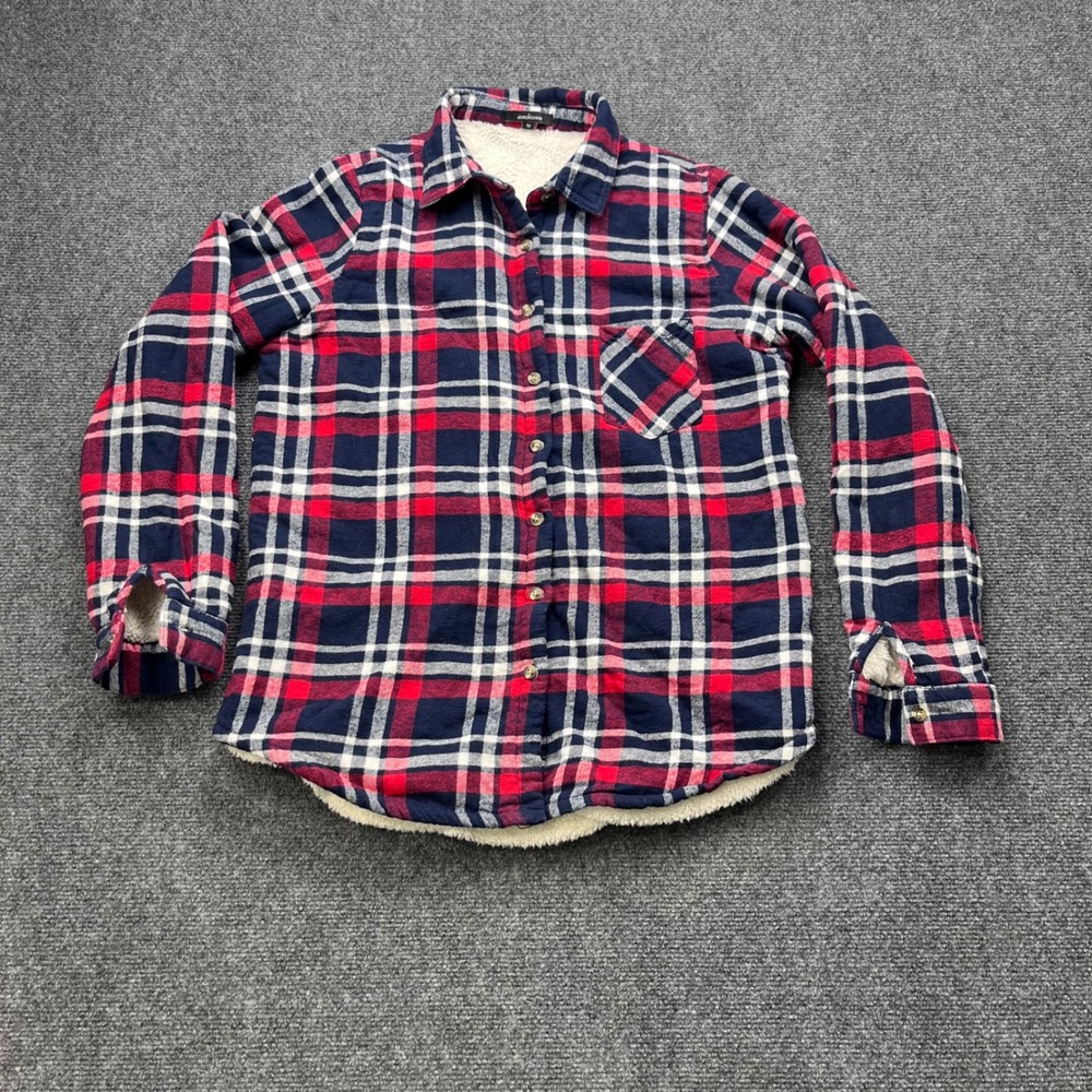 Ambiance Sherpa Lined Flannel Jacket Red Navy Plaid Button Down‎ Shirt